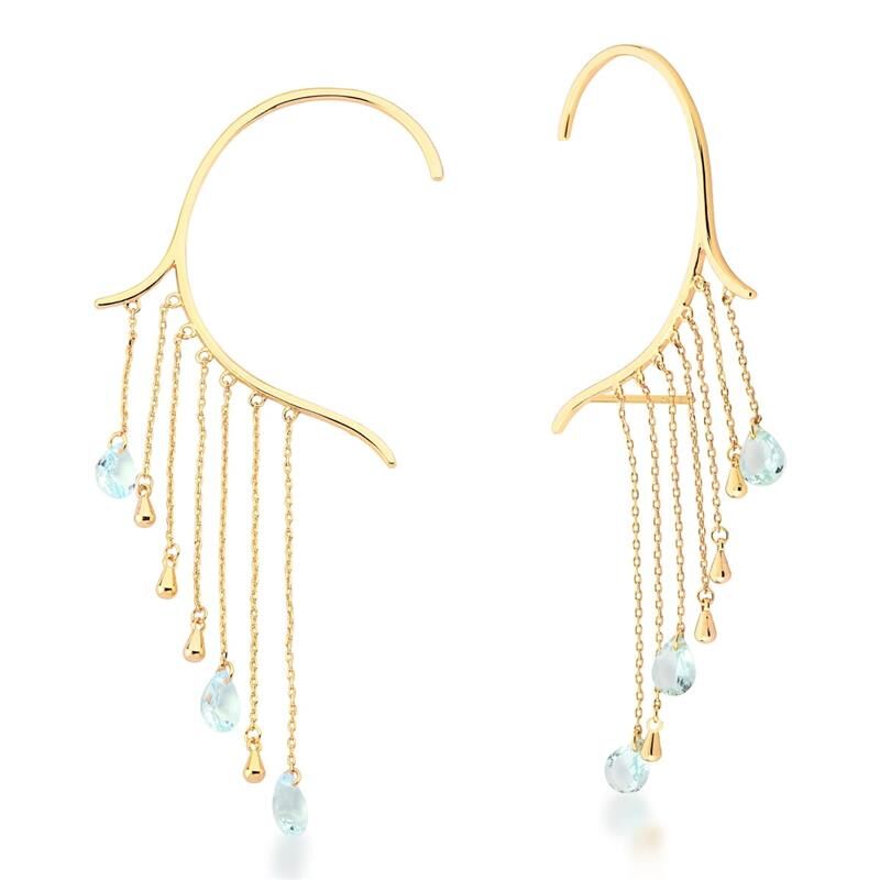 Brinco Ear Cuff E Zircônias Em Gota Água Marinha