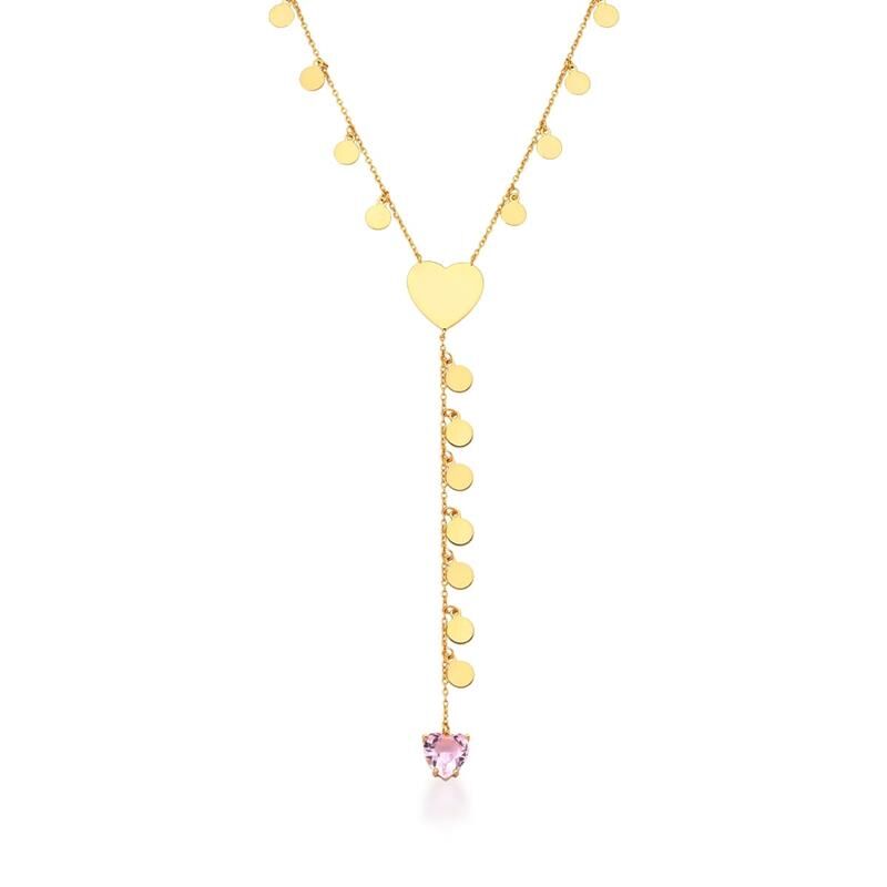 Colar Gravata Com Coração Liso E Cristal Rosa