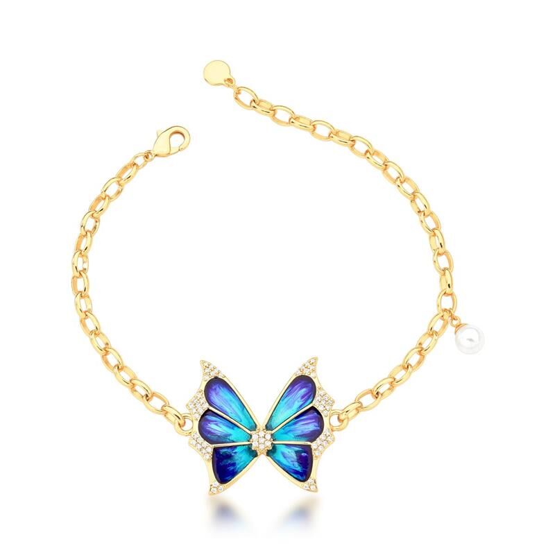 Pulseira De Borboleta Azul Iridescente E Pérola