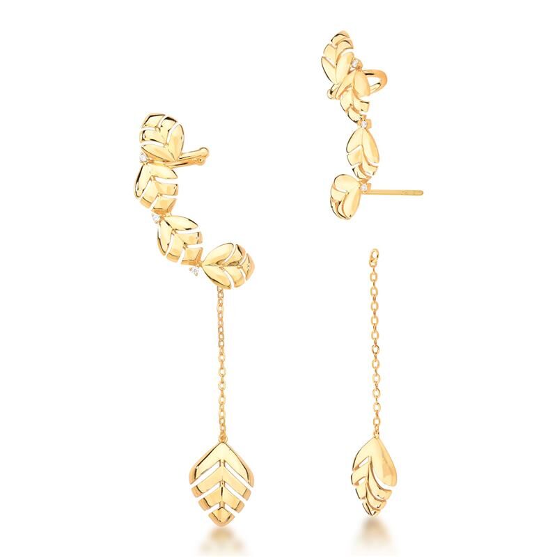 Brinco Ear Cuff 2 Em 1 Com Folhas Lisas