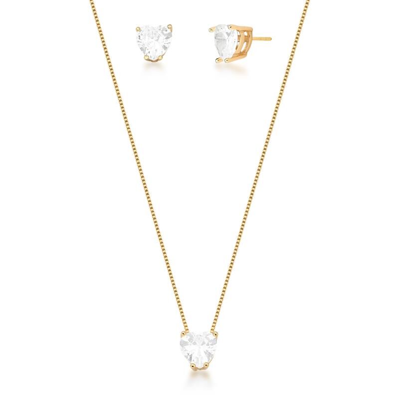Conjunto Colar E Brinco Com Cristal Coração